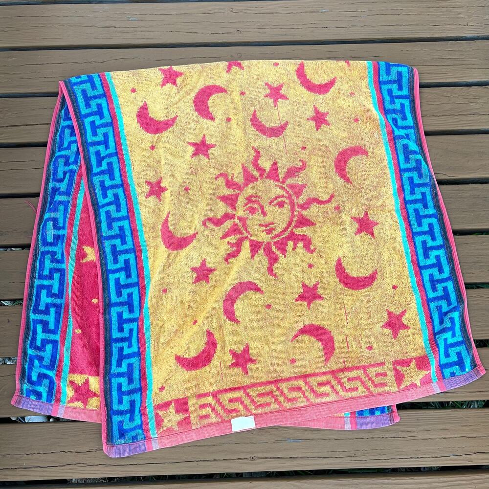 Vintage Celestial Sun Moon Stars Double Sided Beach Towel Red Yellow 27x54